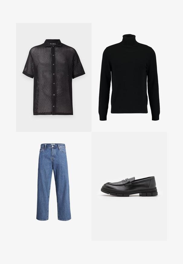 Sort turtleneck sweater lavet af et blødt strikmateriale. Har lange ærmer, ribbet krave og kant. Enkel, slank design uden mønstre.; Sort kortærmet skjorte med knapper lavet af gennemsigtigt vævet mesh-stof med en lige krave og et struktureret, åbent mønster hele vejen igennem.; Lysblå denimjeans med en lige ben-design, høj talje og minimale syninger. Stoffet har en blød, let falmet tekstur.; Sorte læder loafers med en glat finish, der har en frontrem detalje og en kraftig gummisål med rillletaccents.