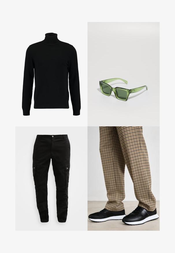 Černý rolák vyrobený z měkkého pleteného materiálu. Má dlouhé rukávy, žebrovaný límec a lem. Jednoduchý, elegantní design bez vzorů.; Černé cargo kalhoty vyrobené z odolné látky, s bočními kapsami, zapínáním na knoflík a slim fit střihem. Hladký povrch s minimálními detaily.; Černé tenisky s texturovaným detailem, bílé podrážky a logo. V páru s kalhotami s houndstooth vzorem v hnědé a černé barvě.; Zelené obdélníkové sluneční brýle s tmavými skly, silnými transparentními rámy a mírným lesklým povrchem. Akcenty na stranicích.