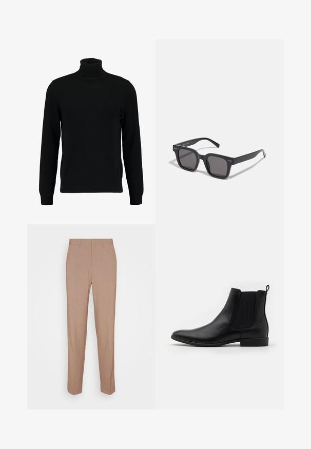 Mustat poolokauluspusero, joka on valmistettu pehmeästä neulomateriaalista. Siinä on pitkät hihat, ribbireunus kauluksessa ja helmassa. Yksinkertainen, tyylikäs muotoilu ilman kuvioita.; Beige-huolletut housut, jotka on valmistettu tekstuuripintaisesta kankaasta. Niissä on suora lahje, etutaskut ja vyölenkit, sekä siisti viimeistely.; Mustat nahkaankle-bootit, joissa on joustavat sivupaneelit, kapeneva kärki ja alhainen lohkokorko. Sulava pinta, jossa on vetotappi takana.; Mustat suorakulmaiset aurinkolasit tummilla linsseillä, joissa on paksu kehys, hienovaraiset yksityiskohdat sivuilla, eikä näkyviä logoja brändin nimen lisäksi.; Metallinen kvartsikello mustalla kellotaululla, valkoisilla numeroilla ja päivämääränäytöllä. Varustettu ruostumattomasta teräksestä valmistetulla rannekkeella ja vedenkestävyydellä 100 metriin.