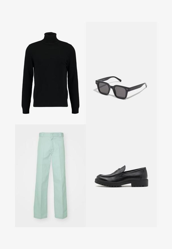 Black turtleneck sweater made of a soft knit material. Features long sleeves, ribbed collar, and hem. Simple, sleek design without patterns.; Light green trousers made of cotton with a straight leg design, featuring a smooth texture and standard waistband with belt loops.; Black leather loafers with a rounded toe, slip-on design, and thick rubber sole featuring a textured grip. Elevated heel and subtle stitching details.; Black rectangular sunglasses with dark lenses, featuring a thick frame, subtle accents on the sides, and no visible logos beyond the brand name.