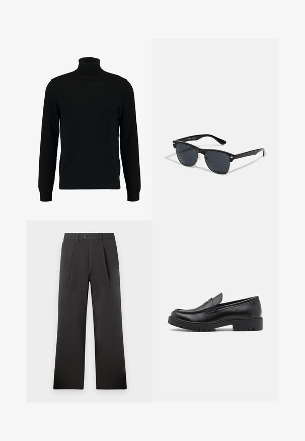 Zwarte coltrui gemaakt van een zacht breimateriaal. Heeft lange mouwen, een geribbelde kraag en zoom. Eenvoudig, strak ontwerp zonder patronen.; Zwarte geplooide broek met een recht model, gemaakt van een gladde stof. Heeft een knoopsluiting en riemlussen bij de tailleband.; Zwarte leren instappers met een ronde neus, slip-on ontwerp en dikke rubberen zool met een gestructureerde grip. Verhoogde hak en subtiele stikdetails.; Zwarte zonnebril met een rechthoekige vorm, donkere lenzen, zilveren accenten bij de slapen en een matte afwerking op het montuur.