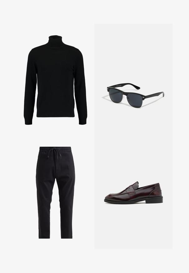 Mustat poolokauluspusero, joka on valmistettu pehmeästä neulomateriaalista. Siinä on pitkät hihat, ribbireunus kauluksessa ja helmassa. Yksinkertainen, tyylikäs muotoilu ilman kuvioita.; Mustat jogger-housut, jotka on valmistettu pehmeästä kankaasta. Housuissa on nauhavyötärö ja kapenevat lahkeet, jotka luovat istuvan muodon. Ei näkyviä kuvioita tai metalliosia.; Burgundy nahka loaferit, joissa on sileä pinta, suorakulmainen etupaneeli ja pyöreä kärki, joissa on musta kumipohja.; Mustat aurinkolasit, joilla on suorakulmainen muoto, tummat linssit, hopeiset yksityiskohdat temppeleissä ja matta pinta kehykset.