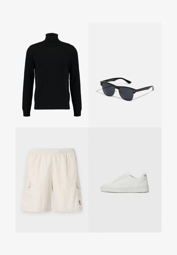 Črn pulover s turtleneck ovratnikom, izdelan iz mehkega pletenega materiala. Ima dolge rokave, rebrast ovratnik in rob. Preprost, eleganten dizajn brez vzorcev.; Bež cargo kratke hlače z elastičnim pasom, dvema stranskima žepoma in majhnim logotipom na spodnji desni strani. Gladka, lahka tkanina.; Bela usnjena športna obutev z gladko površino, okroglo prst, ravne vezalke in teksturiran podplat. Ima diskretno logo na peti.; Črne sončne naočare pravokotne oblike, temna leča, srebrni detajli na ušesih in mat površina na okvirju.