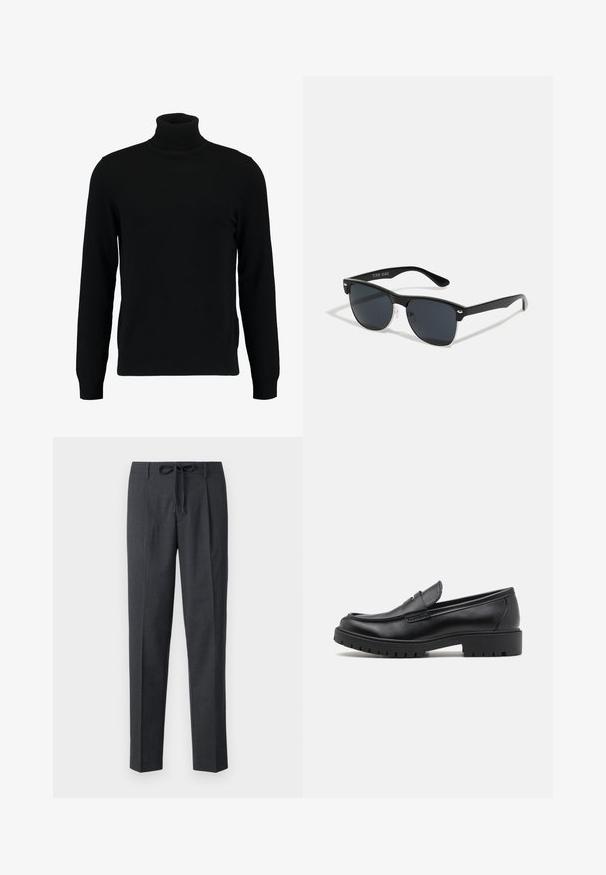 Fekete garbó pulóver puha kötött anyagból készült. Hosszú ujjaival, bordázott gallérral és szegéllyel rendelkezik. Egyszerű, letisztult dizájn, minták nélkül.; Szegett, sötétszürke nadrág, texturált mintával, egyenes szabással és állítható, megkötős derékpánttal. Simaság jellemzi, gondosan kidolgozott varrásokkal.; Fekete bőr loaferek lekerekített orral, slip-on kialakítással és vastag gumitalppal, amely texturált tapadást biztosít. Emelt sarkú és diszkrét varrási részletek.; Fekete napszemüveg, téglalap alakú, sötét lencsékkel, ezüst részletekkel a szárakon, és matt felülettel a kereten.