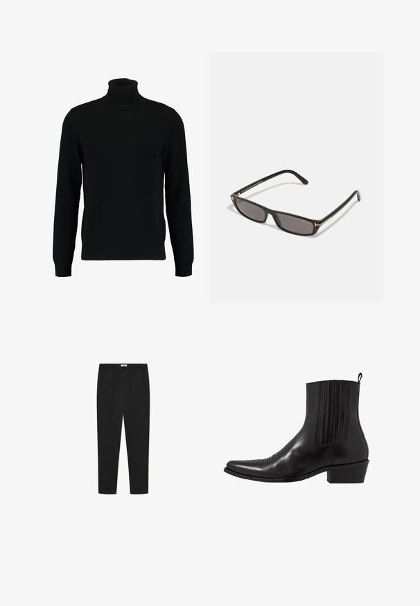 Black turtleneck sweater made of a soft knit material. Features long sleeves, ribbed collar, and hem. Simple, sleek design without patterns.; Black sweatpants made of soft fabric, featuring an elastic waistband with drawstring, two side pockets, and a tapered leg design.; Black leather ankle boot with a pointed toe, elastic side panels, vertical stitching accents, and a low block heel.; Black rectangular sunglasses with dark lenses. Plastic frame with a matte finish. Gold accents on the arms and logo branding.