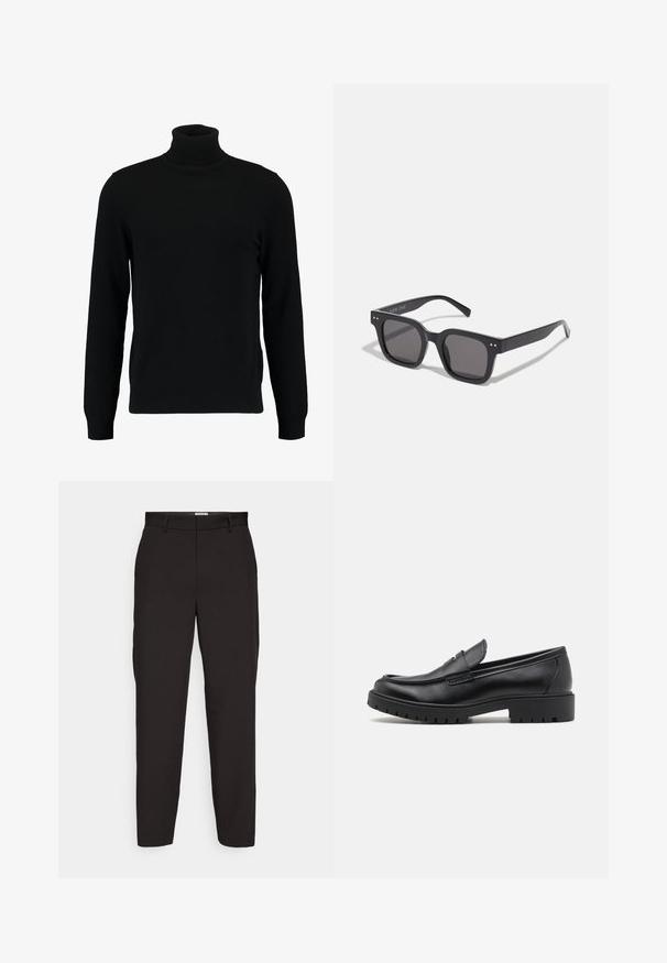 Fekete garbó pulóver puha kötött anyagból készült. Hosszú ujjaival, bordázott gallérral és szegéllyel rendelkezik. Egyszerű, letisztult dizájn, minták nélkül.; Fekete nadrág sima anyagból, egyenes szabású dizájnnal, övlyukakkal és oldalsó zsebekkel. Nincsenek látható minták vagy fémrészek.; Fekete bőr loaferek lekerekített orral, slip-on kialakítással és vastag gumitalppal, amely texturált tapadást biztosít. Emelt sarkú és diszkrét varrási részletek.; Fekete téglalap alakú napszemüveg sötét lencsékkel, vastag kerettel, finom díszítésekkel az oldalán, és a márkanevet leszámítva látható logók nélkül.; Ezüst rozsdamentes acél óra - kék és piros kerettel, sötétkék számlappal, fehér óraszámmal, kvarc szerkezettel, 200 m-ig vízálló, és dátum kijelzővel.
