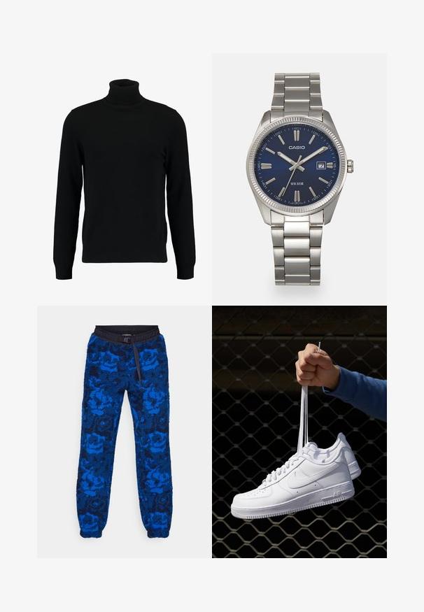 Schwarzer Rollkragenpullover aus weichem Strickmaterial. Mit langen Ärmeln, geripptem Kragen und Saum. Schlichtes, elegantes Design ohne Muster.; Blaue Fleece-Jogginghosen mit floralem Muster, ausgestattet mit einem schwarzen elastischen Bund und Kordelzug. Strukturiertes Material mit elastischen Bündchen an den Knöcheln.; Weiße Leder-Sneaker mit Perforationen, runder Zehenpartie, flacher Sohle und dicken Schnürsenkeln, mit sichtbar eingesticktem Swoosh-Logo und "AIR" an der Ferse.; Silberner Armbanduhr aus Edelstahl mit einem dunkelblauen Zifferblatt, metallischen Stundenmarkierungen und einem Datumsfenster bei 3 Uhr. Wasserdicht bis 50 Meter.