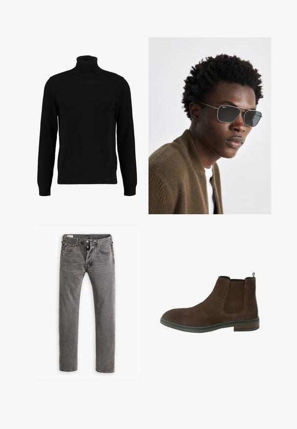 Čierny rolák vyrobený z mäkkého pleteného materiálu. Má dlhé rukávy, rebrovaný golier a lem. Jednoduchý, elegantný dizajn bez vzorov.; Sivé denimy s rovnými nohavicami, zapínanie na gombíky, päť vreciek a oranžové prešitia pozdĺž švov.; Hnedé semišové členkové topánky s elastickými bočnými panelmi, zaoblenou špičkou a nízkym lepeným podpätkom. Obsahujú šitie pozdĺž podrážky.; Slnečné okuliare so strieborným kovovým rámom, v tvare aviátor a s tmavými sklenenými šošovkami. Kombinované s hnedou bundou bomber so zúbkovaným vzorom.