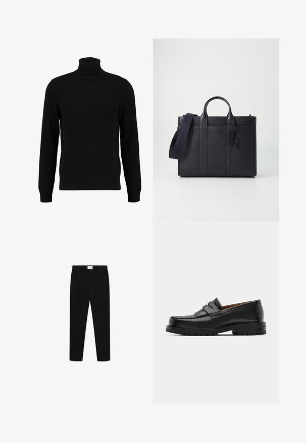 Juodas megztinis su aukštu kaklu, pagamintas iš minkštos mezgimo medžiagos. Turi ilgomis rankovėmis, raukšlėtą apykaklę ir apatinę dalį. Paprastas, elegantiškas dizainas be raštų.; Les Deux REECE - Chino stiliaus kelnės - black; Juodi odiniai loafersai pasižymi pakelta siūle, dviem dekoratyviais dirželiais ant viršaus ir storu tekstūruotu padu, kad būtų užtikrintas didesnis sukibimas.; Tamsiai mėlynas odinis portfelis su dviem viršutinėmis rankenomis ir nuimamu diržu. Yra tekstūruotas paviršius, vertikalios siūlės ir logotipo detalė.
