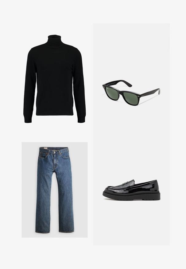 Czarny sweter z golfem, wykonany z miękkiego, dzianinowego materiału. Posiada długie rękawy, prążkowany kołnierz i dół. Prosty, elegancki design bez wzorów.; Niebieskie dżinsy o prostym kroju, z pięcioma kieszeniami, zamkiem błyskawicznym i pomarańczowymi detalami nici. Tkanina ma klasyczny, wyblakły wygląd.; Czarne lakierowane mokasyny z zaokrąglonym noskiem, dekoracyjnym paskiem i grubą czarną gumową podeszwą. Gładka, błyszcząca tekstura z minimalnym szyciem.; Czarne plastikowe okulary przeciwsłoneczne z zielonymi szkłami, kwadratowe oprawki, srebrny akcent na brwi oraz fakturowane ramiona temple. Nazwa marki podana na wewnętrznej stronie ramion.