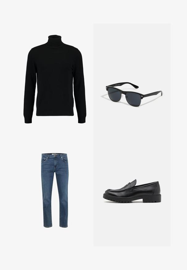 Musta kõrge kaelusega kampsun, mis on valmistatud pehmest kudumist materjalist. Omab pikki varrukaid, soonikpitsiga kaela- ja alumist äärt. Lihtne ja sujuv disain ilma mustriteta.; Tumed denim teksad sirge lõikega, viie taskuga ja kontrastsete õmblustega. Omab lukuga esipidamist ja metallist nööpi vöökohal.; Mustad musta nahast loafers, ümmarguse toe, libisemisega disain ja paks kummist tald, millel on tekstureeritud haardepind. Tõstetud kand ja peened õmblusdetailid.; Mustad mustmikrooni kujuga mustad prillid, tumedate klaasidega, hõbedased detailid templite juures ja mati viimistlusega raam.