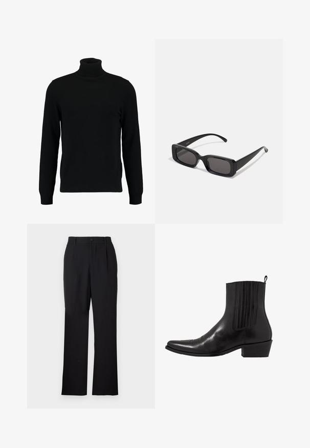 Schwarzer Rollkragenpullover aus weichem Strickmaterial. Mit langen Ärmeln, geripptem Kragen und Saum. Schlichtes, elegantes Design ohne Muster.; Only & Sons ONSJEREMY LOOSE PANT - Stoffhose - black; Schwarze Leder- ankle boot mit spitzem Zehenbereich, elastischen Seitenpaneelen, vertikalen Steppnähten und einem niedrigen Blockabsatz.; Schwarze rechteckige Sonnenbrille mit dunklen Gläsern, glänzender Oberfläche, breiten Bügeln und einem klobigen Rahmen-Design. Gravierter Markenname auf einem Bügel.; Bordeauxfarbene Seidenkrawatte, schmale Form mit einheitlicher Textur. Merkmale sind eine spitze Spitze, gleichmäßige Farbe und glatte Oberfläche.
