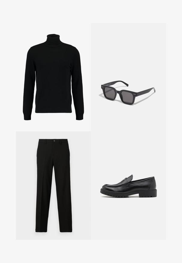Juodas megztinis su aukštu kaklu, pagamintas iš minkštos mezgimo medžiagos. Turi ilgomis rankovėmis, raukšlėtą apykaklę ir apatinę dalį. Paprastas, elegantiškas dizainas be raštų.; Juodi kelnių pagaminti iš lygaus audinio, su tiesiu kirpimu, mygtuko užsegimu ties juosmeniu ir be matomų raštų ar akcentų.; Juodos odinės loferių suapvalintu nosimi, lengvai užmaunamu dizainu ir storu guminiu padu, turinčiu tekstūruotą sukibimą. Pakeltas kulnas ir subtilios siuvimo detalės.; Juodos stačiakampės saulės akinių su tamsiais lęšiais, turinčiais storą rėmelį, subtilias detales šonuose ir be matomų logotipų, išskyrus prekės pavadinimą.; Juodas sportinis krepšys, pagamintas iš tekstūruoto audinio su tvirtais juodais odiniais diržais. Pasižymi cilindrine forma ir viršutiniu užtrauktuku.