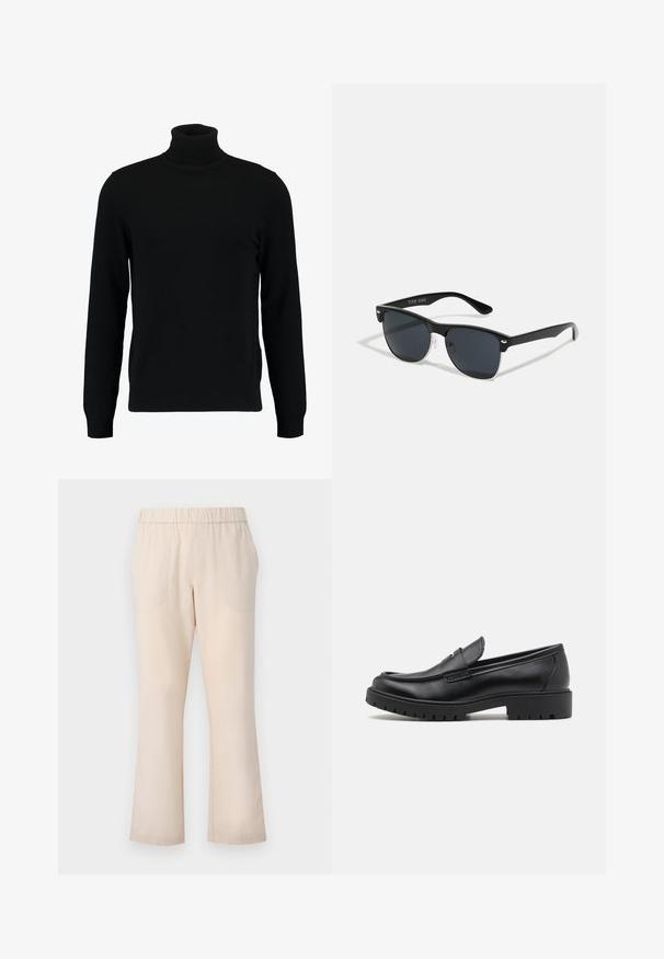 Schwarzer Rollkragenpullover aus weichem Strickmaterial. Mit langen Ärmeln, geripptem Kragen und Saum. Schlichtes, elegantes Design ohne Muster.; Beige ausgestellte Hose mit elastischem Bund, zwei Vorderaschen und einer glatten Baumwolltextur. Keine sichtbaren Muster oder Beschläge.; Schwarze Lederloafers mit runder Zehenform, eleganter Schlupfdesign und dicker Gummisohle mit strukturiertem Griff. Erhöhter Absatz und dezente Nähdetails.; Schwarze Sonnenbrille mit rechteckiger Form, dunklen Gläsern, silbernen Akzenten an den Bügeln und mattierter Oberfläche des Rahmens.