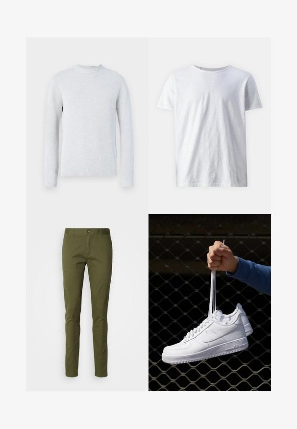Lys grå strikket crewneck sweater med lange ærmer, ribbede manchetter og kant mod en plain hvid baggrund.; Hvid kortærmet t-shirt lavet af letvægtsstof. Rund halsudskæring med en glat tekstur og uden synlige mønstre eller accenter.; Olivenfarvede chinos lavet af en bomuldsblanding, med lige pasform, lynlås og forlommer. Glat tekstur med minimal detaljering.; Hvide lædersneakers med perforeringer, rund tå, flad sål og tykke snørebånd, med et synligt swoosh-logo og "AIR" på hælen.