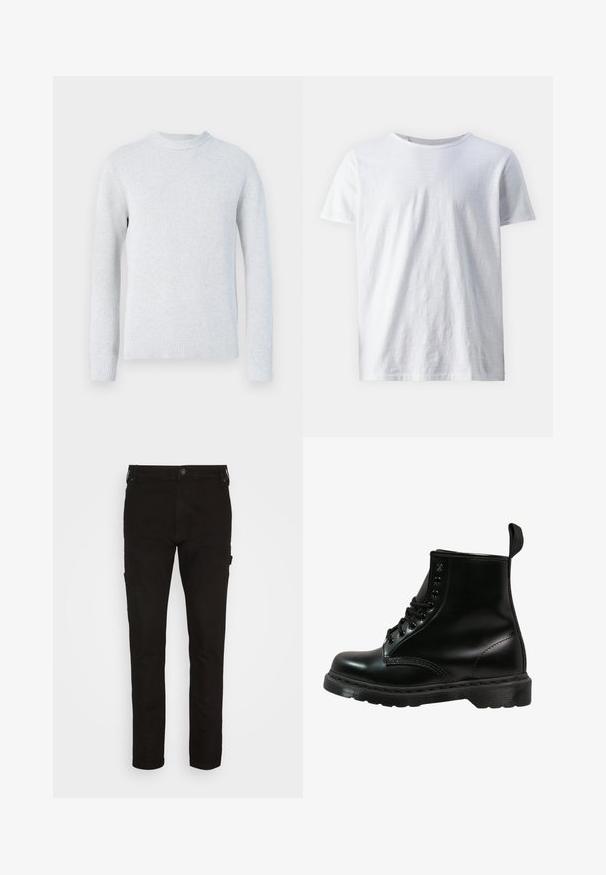 Svetlošedý pletený sveter s okrúhlym výstrihom a dlhými rukávmi, s rebrovanými manžetami a pásom, na čistom bielom pozadí.; Biela krátkozranná tričko z ľahkého materiálu. Hladký okrúhly dekolt bez viditeľných vzorov alebo akcentov.; Čierne cargo nohavice vyrobené z pevného materiálu, ktoré majú bočné vrecká, priliehajúci strih a zapínanie na gombík v oblasti pása.; Čierna kožená čižma s okrúhlou špičkou, šnurovací dizajn, šesť očiek a textúrovaná gumová podrážka. Obsahuje pútko na zadnej strane.