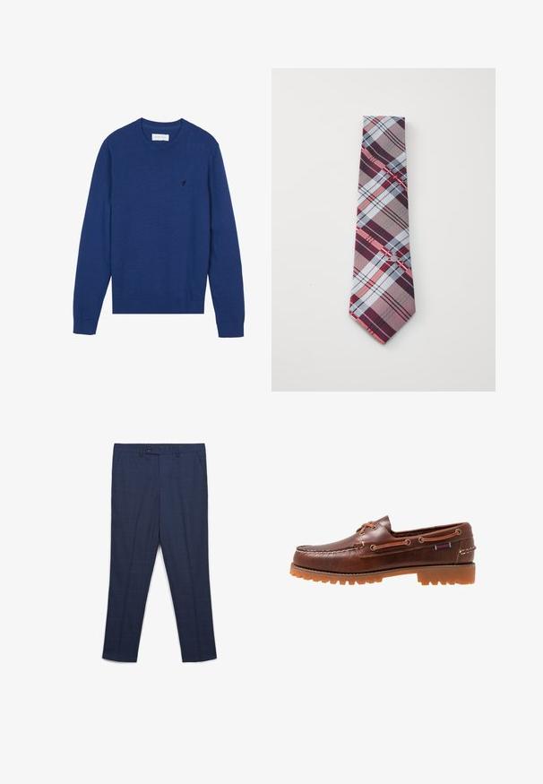 Marineblauer gestrickter Pullover mit rundem Halsausschnitt, langen Ärmeln und gerippten Bündchen. Verfügt über ein kleines gesticktes Logo auf der Brust.; HimmelblauesLangarmhemd mit dünnen vertikalen weißen Streifen, featuring einen offenen Kragen, Vorderknöpfen und einem geraden Saum.; Marineblaue Herren-Anzughose mit dezentem Fensterkaromuster, Knopfverschluss, Gürtelschlaufen und seitlichen Taschen.; Braune Lederbootsschuh mit Gummi-Außensohle, Schnürlöchern und gesticktem Obermaterial, das ein erhabenes, strukturiertes Muster entlang der Zehenpartie aufweist.; Karreaugebundene Krawatte mit einem Muster aus burgunderfarbenen, grauen, blauen und roten Streifen. Hergestellt aus glattem Stoff mit einer spitzen Spitze.
