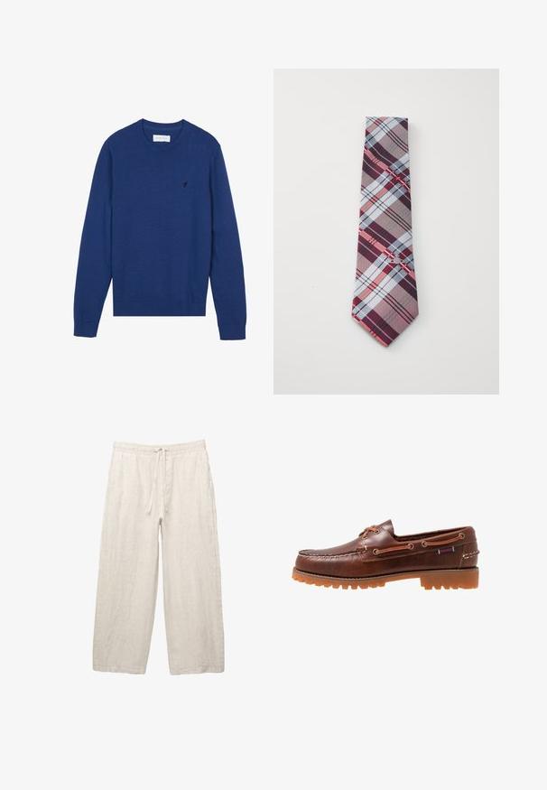 Marineblauer gestrickter Pullover mit rundem Halsausschnitt, langen Ärmeln und gerippten Bündchen. Verfügt über ein kleines gesticktes Logo auf der Brust.; HimmelblauesLangarmhemd mit dünnen vertikalen weißen Streifen, featuring einen offenen Kragen, Vorderknöpfen und einem geraden Saum.; Leinenhosen in hellbeige, mit einem elastischen Bund und Zugkordel, weitem Beinansatz und seitlichen Taschen. Glatte Textur.; Braune Lederbootsschuh mit Gummi-Außensohle, Schnürlöchern und gesticktem Obermaterial, das ein erhabenes, strukturiertes Muster entlang der Zehenpartie aufweist.; Karreaugebundene Krawatte mit einem Muster aus burgunderfarbenen, grauen, blauen und roten Streifen. Hergestellt aus glattem Stoff mit einer spitzen Spitze.