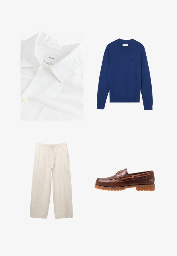 Navy blue knit sweater with a round neckline, long sleeves, and ribbed cuffs. Features a small embroidered logo on the chest.; White linen shirt featuring a pointed collar, a single button closure, and a chest pocket. Label reads "NEXT," size M. Soft texture.; Linen trousers in light beige, featuring an elastic waistband with a drawstring, wide-leg design, and side pockets. Smooth texture.; Brown leather boat shoe with rubber outsole, lace eyelets, and a stitched upper, featuring a raised, textured pattern along the toe.