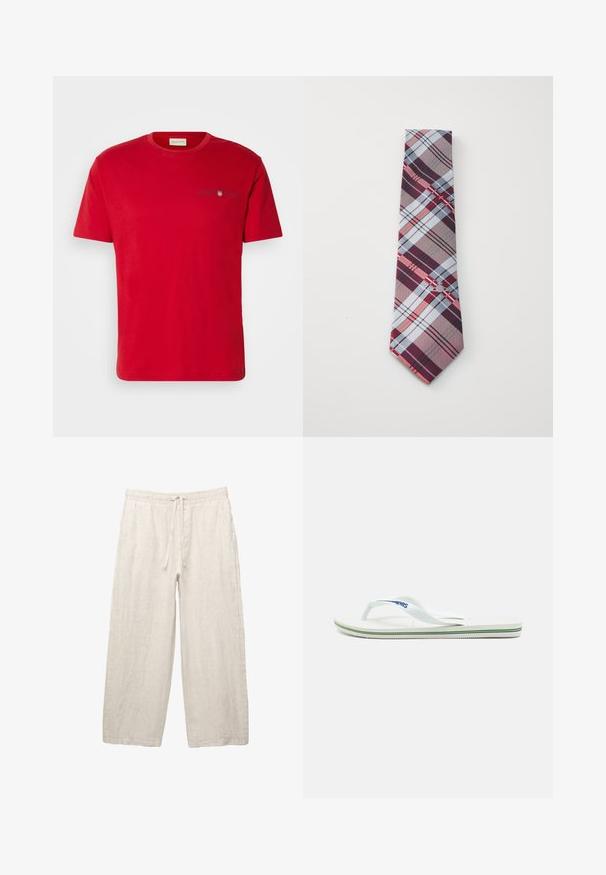 Marineblauer gestrickter Pullover mit rundem Halsausschnitt, langen Ärmeln und gerippten Bündchen. Verfügt über ein kleines gesticktes Logo auf der Brust.; Rotes Baumwoll-T-Shirt mit kurzen Ärmeln, rundem Halsausschnitt und kleinem marineblauem Logo-Detail auf der Brust. Glatte Textur, lässige Passform.; Leinenhosen in hellbeige, mit einem elastischen Bund und Zugkordel, weitem Beinansatz und seitlichen Taschen. Glatte Textur.; Weiße Flip-Flops mit strukturierter Innensohle, schlanken Riemen und einer mehrfarbigen Akzentlinie an der Sohle. Mit Logo auf dem Riemen.; Karreaugebundene Krawatte mit einem Muster aus burgunderfarbenen, grauen, blauen und roten Streifen. Hergestellt aus glattem Stoff mit einer spitzen Spitze.