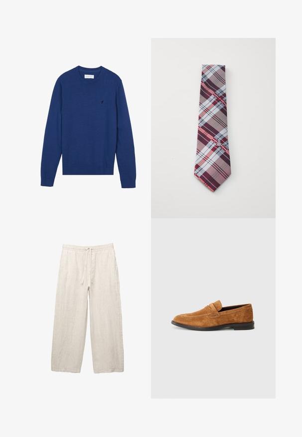 Maglione lavorato a maglia blu navy con scollo rotondo, maniche lunghe e polsini a coste. Presenta un piccolo logo ricamato sul petto.; Pantaloni in lino di colore beige chiaro, con una vita elastica e cordoncino, design a gamba larga e tasche laterali. Texture liscia.; Mocassini in suede marrone con punta arrotondata, caratterizzati da cuciture decorative, una fascia elastica sulla parte superiore del piede e una suola in gomma piatta.; Cravatta a quadri con un motivo di strisce bordeaux, grigie, blu e rosse. Realizzata in tessuto liscio con punta a punta.