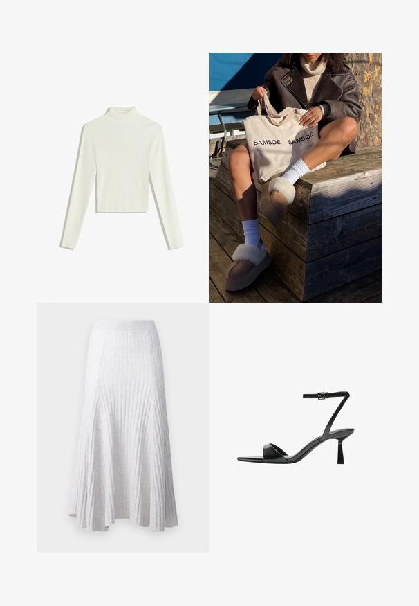Bela rebrasta turtleneck pulover z dolgimi rokavi in krajšim robom. Tkanina se zdi mehka z teksturiranim vzorcem.; pure cashmere FLARED SKIRT - Krilo A-kroja - light grey; Bershka Sandali z visoko peto - black; Bežna torba z natisnjenim napisom "SAMSOE" dvakrat, svetlo rjave natikače z belim krznom, bele nogavice in rjav plašč iz ovčje kože na leseni površini.