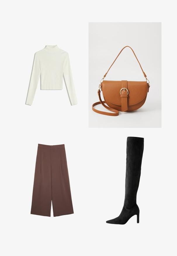 Witte geribde coltrui met lange mouwen en een cropped zoom. De stof lijkt zacht met een gestructureerd patroon.; Bruine wijde broek met een gladde textuur, voorzien van een hoge taille en plooien aan de voorkant. De stof is lichtgewicht en valt losjes.; Kniehoge zwarte suède stiletto-laars met een puntige teen en een gladde textuur, met een slanke hoge hak en naadloos ontwerp.; Bruine leren schoudertas met een gebogen vorm, gouden hardware en een gespaccent. Bevat een afneembare schouderriem.