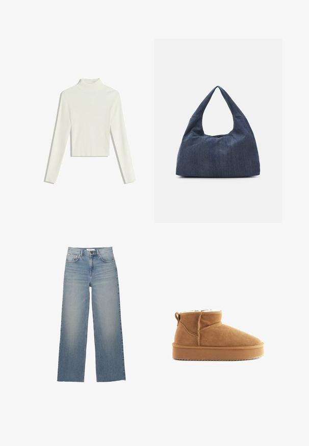 Fehér, bordázott garbós pulóver hosszú ujjakkal és croppolt szegéllyel. Az anyaga lágy, és texturált mintázattal rendelkezik.; Világoskék, bő szárú farmernadrág, magasan illeszkedő derékkal, elülső zsebekkel és gombos záródással. Sima textúra, fakó részekkel.; Barna velúr bokacsizma puha bélésű belső résszel, lekerekített orral és lapos gumi talppal. Kiemelkedő jellemzője a varrott varrás és a hátsó húzófül.; Sötétkék farmer táska puha, laza formával, hobo-stílusú fogantyúval és textúrált felülettel. Látható fémrész nélküli.