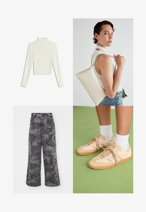Bela rebrasta turtleneck pulover z dolgimi rokavi in krajšim robom. Tkanina se zdi mehka z teksturiranim vzorcem.; Široke hlače za prosti čas v kamuflažni vzorcu v odtenkih sive barve, izdelane iz denima, z dvema stranskima žepoma in obliko visokega struka. Tekstilirana tkanina s potiskanim vzorcem.; Noge v bež tkanih Adidas športnih copatih z gumijastimi podplati in belimi nogavicami do gležnjev na zeleni strukturirani talni površini.; Bela pravokotna torbica za ključe iz sijajnega materiala, opremljena s srebrno verižico. Model pozira in prikazuje torbico na enobarvni podlagi.
