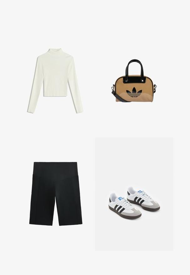 Vit ribbat polotröja med långa ärmar och cropped hell. Tyget verkar mjukt med ett strukturerat mönster.; Svarta träningsshorts gjorda av slät, stretchig tyg. Har en bred midja och snedställda sidofickor. Rena linjer och inga synliga stängningar.; Sportskor med överdel i vit läder, grå mocka på tårna och tre svarta ränder. Har en blå logotyp på tungan och en texturerad gummisula.; Beige handväska med svarta lackdetaljer, rund form, dubbla handtag och en präglad svart logotyp på framsidan.