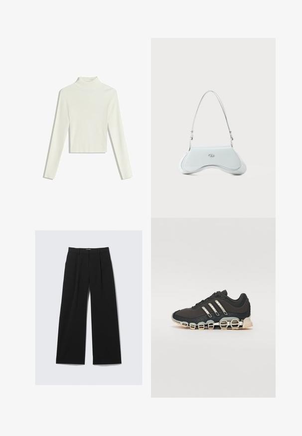 Weißer gerippter Rollkragenpullover mit langen Ärmeln und cropped Saum. Der Stoff wirkt weich und hat ein strukturiertes Muster.; Schwarze weit geschnittene Hose mit Gürtelschlaufen, vorderen Falten und verdecktem Frontverschluss, auf einem weißen Hintergrund präsentiert.; Schwarzer Sportschuh mit einer strukturierten Oberseite, drei silbernen Streifen und einer markanten Dämpfungssohle mit mehreren integrierten Sektionen.; Weiße Handtasche aus lackiertem Leder mit geschwungenem Design, silberner Hardware und subtiler Logo-Akzentuierung auf der Vorderseite. Verstellbarer Tragegurt inklusive.