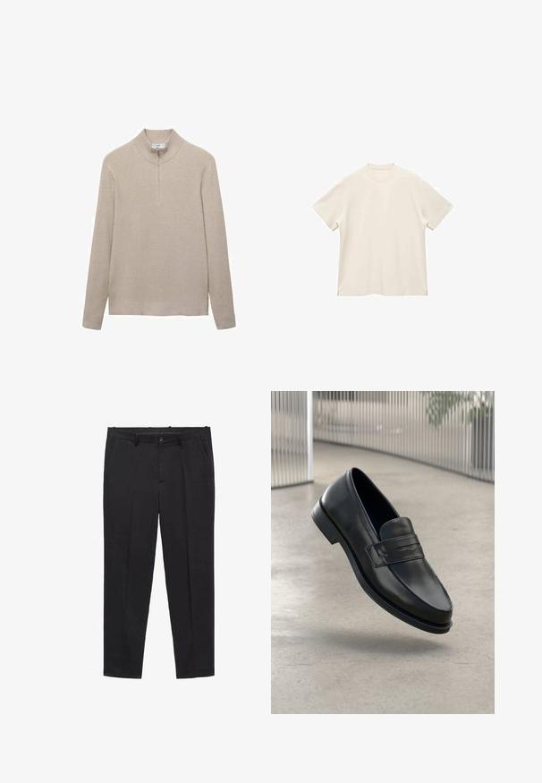 Pull beige côtelé avec un col montant et une fermeture éclair à moitié. Les manches longues et le design ajusté à l'ourlet accentuent l'apparence texturée.; T-shirt à manches courtes, col rond en tissu doux couleur écru, présentant une texture lisse et des fentes sur les côtés pour un ajustement décontracté.; Pantalon noir ajusté en tissu lisse, avec une taille plate, des passants de ceinture et des poches latérales. Design à jambe droite.; Mocassin en cuir noir à texture lisse, bout pointu et bande décorative sur le cou-de-pied. Semelle légère, design minimaliste.