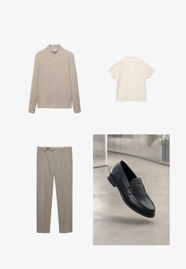 Beige gerippter Pullover mit hohem Kragen und halbem Reißverschluss. Lange Ärmel und ein figurbetonter Saum ergänzen das strukturierte Aussehen.; Kurzärmliges T-Shirt mit Rundhalsausschnitt aus weichem, elfenbeinfarbenem Stoff, das eine glatte Textur und Seitenschlitze für eine lockere Passform bietet.; Beige maßgeschneiderte Hose mit glatter Textur, geradem Schnitt und einem einzigen Knopfverschluss vorne. Verfügt über seitliche Taschen und einen sauberen Saum.; Schwarzer Lederloafer mit glatter Textur, spitzer Zehe und einem dekorativen Riemen über dem Rist. Leichte Sohle, minimalistisches Design.