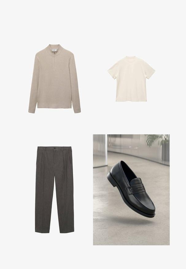 Pulover bej cu pliuri, cu guler înalt și închidere cu jumătate de fermoar. Mânici lungi și un design ajustat la margine sporesc aspectul texturat.; Tricou cu mâneci scurte, guler rotund, dintr-un material moale, de culoare albă-crem, având o textură netedă și slituri laterale pentru o potrivire lejeră.; Pantaloni gri, croiți, dintr-un material texturat. Prezintă o închidere cu nasture, două buzunare frontale și un design cu picioare drepte.; Mocasini negri din piele cu textură fină, vârf ascuțit și o curea decorativă peste laba piciorului. Talpă ușoară, design minimalist.