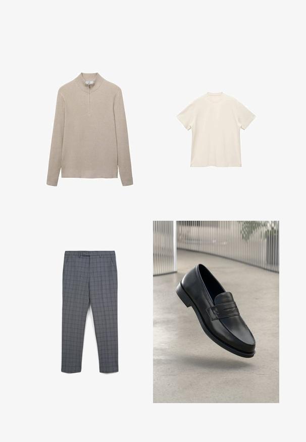 Beige gerippter Pullover mit hohem Kragen und halbem Reißverschluss. Lange Ärmel und ein figurbetonter Saum ergänzen das strukturierte Aussehen.; Kurzärmliges T-Shirt mit Rundhalsausschnitt aus weichem, elfenbeinfarbenem Stoff, das eine glatte Textur und Seitenschlitze für eine lockere Passform bietet.; Grau karierte Hosen mit einem leicht taillierten Design, ausgestattet mit einer flachen Vorderseite, Gürtelschlaufen, Seitentaschen und einer glatten Stoffstruktur.; Schwarzer Lederloafer mit glatter Textur, spitzer Zehe und einem dekorativen Riemen über dem Rist. Leichte Sohle, minimalistisches Design.