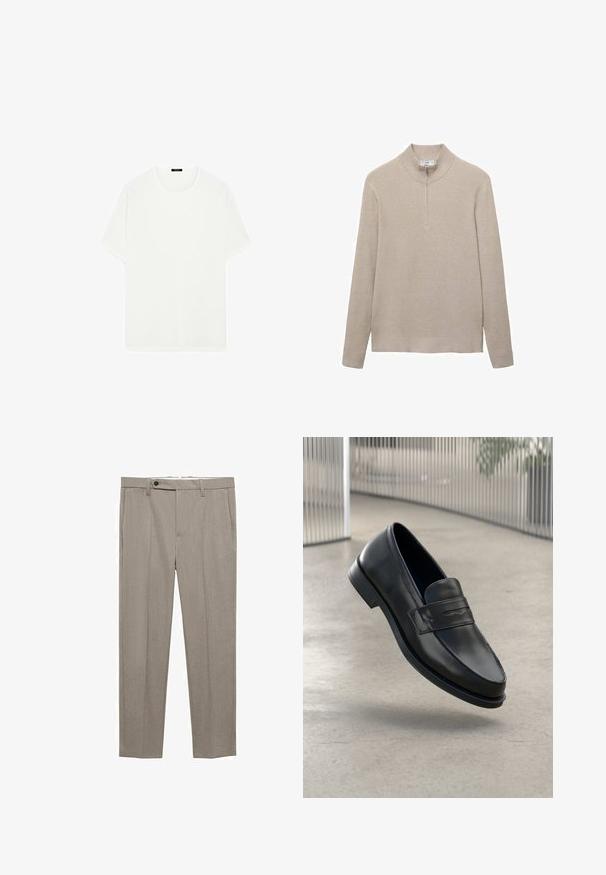 Beige ribbet striktrøje med høj krave og lynlås i halv længde. Lange ærmer og en tætsiddende kantdesign fremhæver det strukturerede udseende.; Hvid kortærmet t-shirt lavet af blødt stof. Har en klassisk rund halsudskæring og en lige pasform, uden synlige mønstre eller accenter.; Beige skræddersyede bukser med en glat overflade, lige pasform og en enkelt knaplukning foran. Har sidelommer og en ren kant.; Sort lædersko med glat tekstur, spids tå og en dekorativ rem over vristen. Letvægts sål, minimalistisk design.