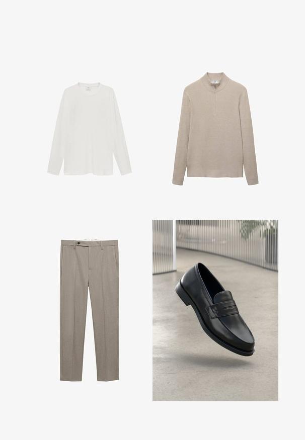 Béžový žebrovaný svetr s vysokým límcem a zapínáním na polovinu zipu. Dlouhé rukávy a design přiléhavého zakončení zvyšují texturovaný vzhled.; Bílé tričko s dlouhým rukávem, vyrobené z měkké látky, kulatý výstřih, uvolněný střih, minimalistický design, bez viditelných log a vzorů.; Béžové kalhoty na míru s hladkou texturou, rovného střihu a jedním zapínáním na knoflík vepředu. Obsahují boční kapsy a čistý lem.; Černá kožená mokasína s hladkou texturou, špičatou špičkou a ozdobným páskem přes nárt. Lehká podrážka, minimalistický design.