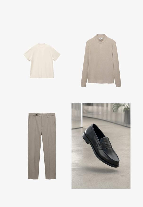 Beige ribbattu neule, jossa on korkea kaulus ja puolivälin vetoketju. Pitkät hihat ja kapea helma tekevät tekstuurista näyttävän.; T-paita lyhyillä hihoilla, pyöreällä kaula-aukolla, pehmeästä off-white kankaasta, jossa on sileä pinta ja sivuhalkiot rentoa istuvuutta varten.; Beige-harmaanit, joissa on sileä rakenne, suora istuvuus ja yksi nappisulku edessä. Varustettu sivutaskuilla ja siistillä helman viimeistelyllä.; Mustat nahkaiset loaferit, joissa on sileä pinta, kärjekäs kärki ja koristeellinen remmi jalkapöydän yli. Kevyt pohja, minimalistinen muotoilu.