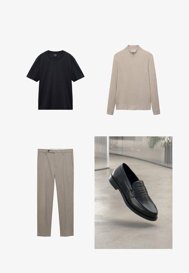 Pulover bej cu pliuri, cu guler înalt și închidere cu jumătate de fermoar. Mânici lungi și un design ajustat la margine sporesc aspectul texturat.; Tricou din bumbac negru, cu guler rotund, mâneci scurte și o croială lejeră. Textură netedă, fără modele vizibile sau detalii din metal.; Pantaloni bej, croiți, cu o textură netedă, cu un croi drept și un închidere cu un singur nasture frontal. Dispun de buzunare laterale și un tiv curat.; Mocasini negri din piele cu textură fină, vârf ascuțit și o curea decorativă peste laba piciorului. Talpă ușoară, design minimalist.