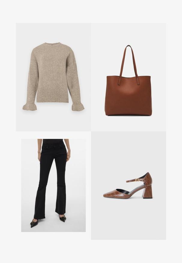 Beige gebreid sweater met een ronde hals, geribbelde textuur, lange mouwen en uitlopende mouwen. Eenvoudig ontwerp zonder versieringen.; Zwarte flare jeans met een strakke pasvorm, vijf zakken en subtiele stiksels. Gemaakt van denim, met een middelhoge taille.; Bruine patenten leren pump met een vierkante neus, textuur met krokodillenpatroon, enkelband met gouden gespsluiting en een chunky hak.; Bruine leren tote bag met een gladde textuur, een ontwerp met een open bovenkant en twee schouderbanden. Kenmerkt zich door minimale stiksels en geen zichtbare hardware.