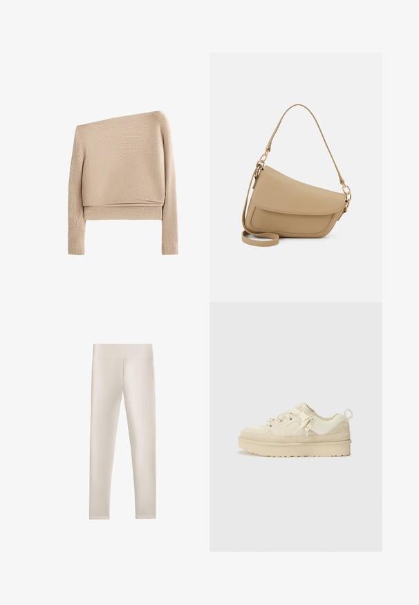 Beige geribbelde trui met een asymmetrisch ontwerp, lange mouwen en een cropped fit. Zachte textuur met een lichte stretch.; Lichtbeige legging gemaakt van glad, rekbaar materiaal. Beschikt over een hoge, brede tailleband en een getailleerde vorm, zonder zichtbare naden of patronen.; Beige sneaker met een mix van gladde en gestructureerde materialen, voorzien van een stevige zool, decoratieve veters en een trekhaak aan de achterkant.; Even&Odd Handtas - beige