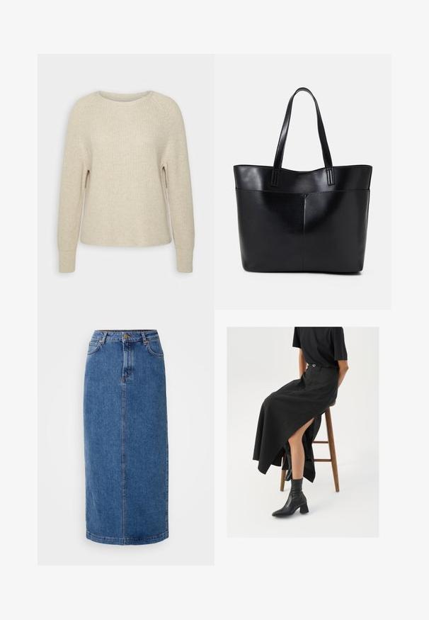 Svetlo roza pleteni pulover z okroglim izrezom, raglan rokavi in rebrasti manšeti. Tekstura je mehka z ohlapnim krojem in minimalnimi detajli.; Denim krilo, do kolen, modre barve, ravne krojne linije. Ima sprednje žepke, zanke za pas in kontrastno šivanje na šivih. Gladka tekstura.; Črna lanena maxi krilo z visokim razporkom, oblečeno s črno majico in črnimi gležnjarji. Minimalističen dizajn z udobnim krojem.; Črna usnjena torba z dvema dolgima ročajema, gladko teksturo in strukturirano obliko. Ima sprednji žep za dodatno shranjevanje.