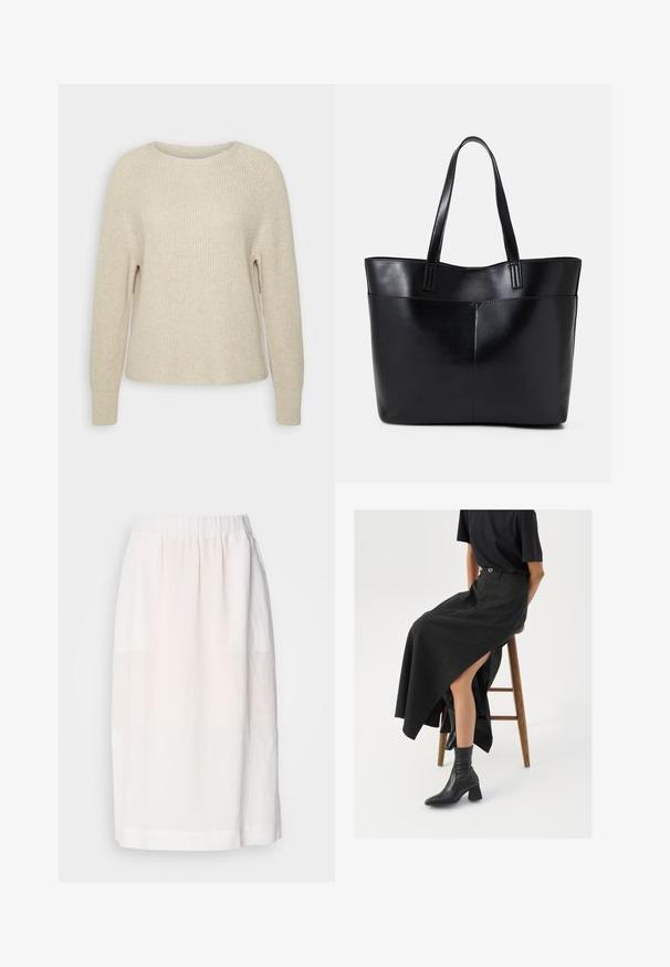 Vaaleanpunainen neulepaita, jossa on pyöreä pääntie, raglan-hihat ja ribbikuvioidut hihat. Tekstuuri on pehmeä, rento istuvuus ja vähäiset yksityiskohdat.; Vahva vaalebeige seelik, mis on valmistatud pehmest kangast, millel on elastne vöökoht ja sirge siluett. Sile tekstuur, ilma nähtavate mustriteta.; Musta pellavasta valmistettu maxi-hame, jossa on korkea halkio, puettuna mustan t-paidan ja mustien nilkkabootsien kanssa. Minimalistinen muotoilu, rento istuvuus.; Musta nahkainen kassi, jossa on kaksi pitkää kahvaa, sileä pinta ja jämäkkä muoto. Sisältää etutaskun lisävarastointia varten.