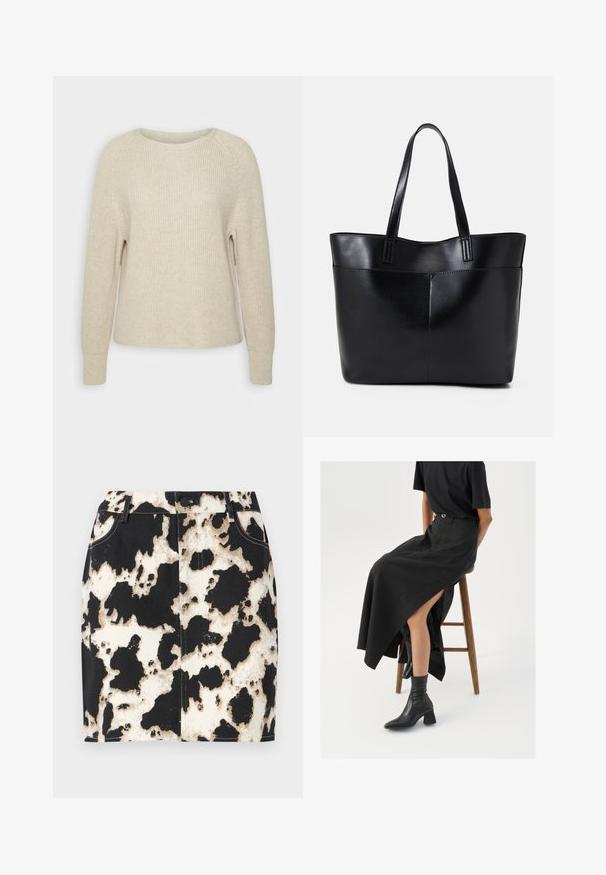 Lichtroze gebreide trui met een ronde halslijn, raglanmouwen en ribgebreide manchetten. De stof is zacht met een ontspannen pasvorm en minimale details.; Denim rok met een zwart-wit koeienhuidprint, met contrasterende stiksels en een knopenluiting aan de voorkant. Korte, aansluitende ontwerpen.; Zwarte linnen maxi rok met een hoge split, gedragen met een zwart T-shirt en zwarte enkellaarsjes. Minimalistisch ontwerp met een relaxte pasvorm.; Zwarte leren tote bag met twee lange handvatten, een zachte textuur en een gestructureerde vorm. Voorzien van een voorvak voor extra opslagruimte.