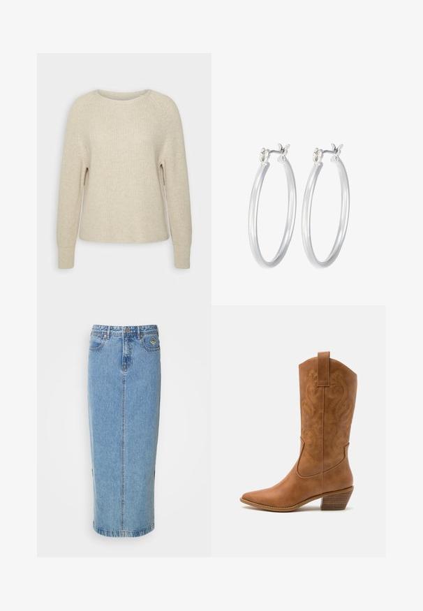 Gaiši rozā adīts džemperis ar apaļu dekoltēju, raglāna piedurknēm un ribotām aprocēm. Tekstūra ir mīksta ar brīvu piegriezumu un minimālu apdari.; Gaišzilā džinsu midi svārku taisna silueta, ar priekšējo pogu aizdari un sānu kabatām. Iezīmējas ar smalku dūrienu un zīmola uzlīmi.; Brūni ādas kovboju zābaks ar norādītu purngalu, izšūtām viļņveida apakšējo detaļu un sakrautajiem blokiem. Iezīmēts ar velkšanas cilpu ērtai uzvilkšanai.; Sudraba riņķveida auss gredzeni ar gludu, pulētu apdari. Apaļa forma un drošs klikšķa augšējais slēgums. Viegls dizains, kas piemērots ikdienas valkāšanai.