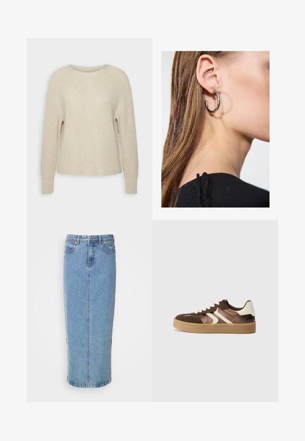 Lyserød strikkegenser med rund halsudskæring, raglanærmer og ribbede manchetter. Teksturen er blød med en afslappet pasform og minimal dekoration.; Lys blå denim midi-skirt med en rett silhuett, frontlås med knapper og sidelommer. Har subtil søm og en merket lapp.; Brune og kremfargede joggesko i en kombinasjon av semsket lær og satengmaterialer, med tre skrå striper og en teksturert gummisåle.; Sølv ringøredob med en polert finish, med små gull detaljer og en rund form, båret på øreflippen.