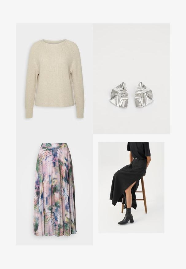 Maglione a maglia di un delicato rosa con scollatura rotonda, maniche raglan e polsini a costine. La texture è morbida, con una vestibilità rilassata e dettagli minimi.; Gonna midi plissettata in tessuto leggero e trasparente. Presenta un motivo floreale astratto multicolore con sfumature di rosa, verde e blu.; Gonna maxi in lino nera con uno spacco alto, indossata con una t-shirt nera e stivaletti neri. Design minimalista con una vestibilità rilassata.; Orecchini in metallo argento con un design ondulato e scultoreo, caratterizzati da una finitura lucida e forme irregolari, che evidenziano un'estetica contemporanea.