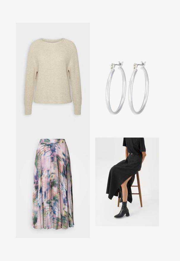 Ljusrosa stickad tröja med rund halsringning, raglanärmar och ribbstickade ärmslut. Texturen är mjuk med en avslappnad passform och minimal detaljering.; Plisserad midikjol i lätt, genomskinlig tyg. Har ett flerfärgat abstrakt blommönster med nyanser av rosa, grönt och blått.; Svart lin maxi kjol med hög slits, bärs med en svart t-shirt och svarta ankelstövlar. Minimalistisk design med en lös passform.; Silverfärgade hoopörhängen med en slät, polerad yta. Rund form och säker klickstängning. Lättviktig design som passar för vardagligt bruk.