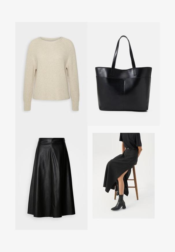 Gaiši rozā adīts džemperis ar apaļu dekoltēju, raglāna piedurknēm un ribotām aprocēm. Tekstūra ir mīksta ar brīvu piegriezumu un minimālu apdari.; Melnas ādas svārki ar izplūdušu dizainu, līdz ceļgaliem, ar gludu tekstūru un tīru šuvju struktūru aizmugurē, lai radītu elegantu izskatu.; Melna lina maxi svārki ar augstu šķēlumu, valkāti ar melnu T-kreklu un melniem potīšu zābakiem. Minimālistisks dizains ar brīvu piegriezumu.; Melnas ādas iepirkumu soma ar divām garām rokturām, gludu tekstūru un strukturētu formu. Iekļauj priekšējo kabatu papildu uzglabāšanai.