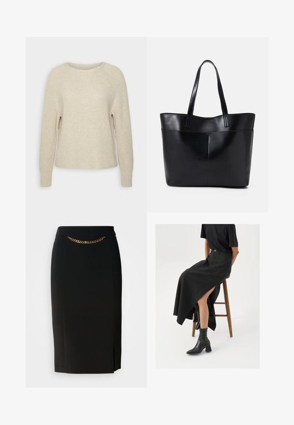 Svijetloružasti pleteni pulover s okruglim izrezom, raglan rukavima i rebrastim manžetama. Tekstura je mekana, s opuštenim krojem i minimalnim detaljima.; Crna suknja olovka s blagim prorezom, ukrašena zlatnim lancem u struku. Izrađena je od glatkog, rastezljivog materijala za udobnost.; Crna lanena maksi suknja s visokom prorezom, nosi se s crnom majicom i crnim gležnjačama. Minimalistički dizajn s opuštenim krojem.; Crna kožna torba s dugim ručkama, glatkom teksturom i strukturiranim oblikom. Ima prednju džep za dodatno pohranu.